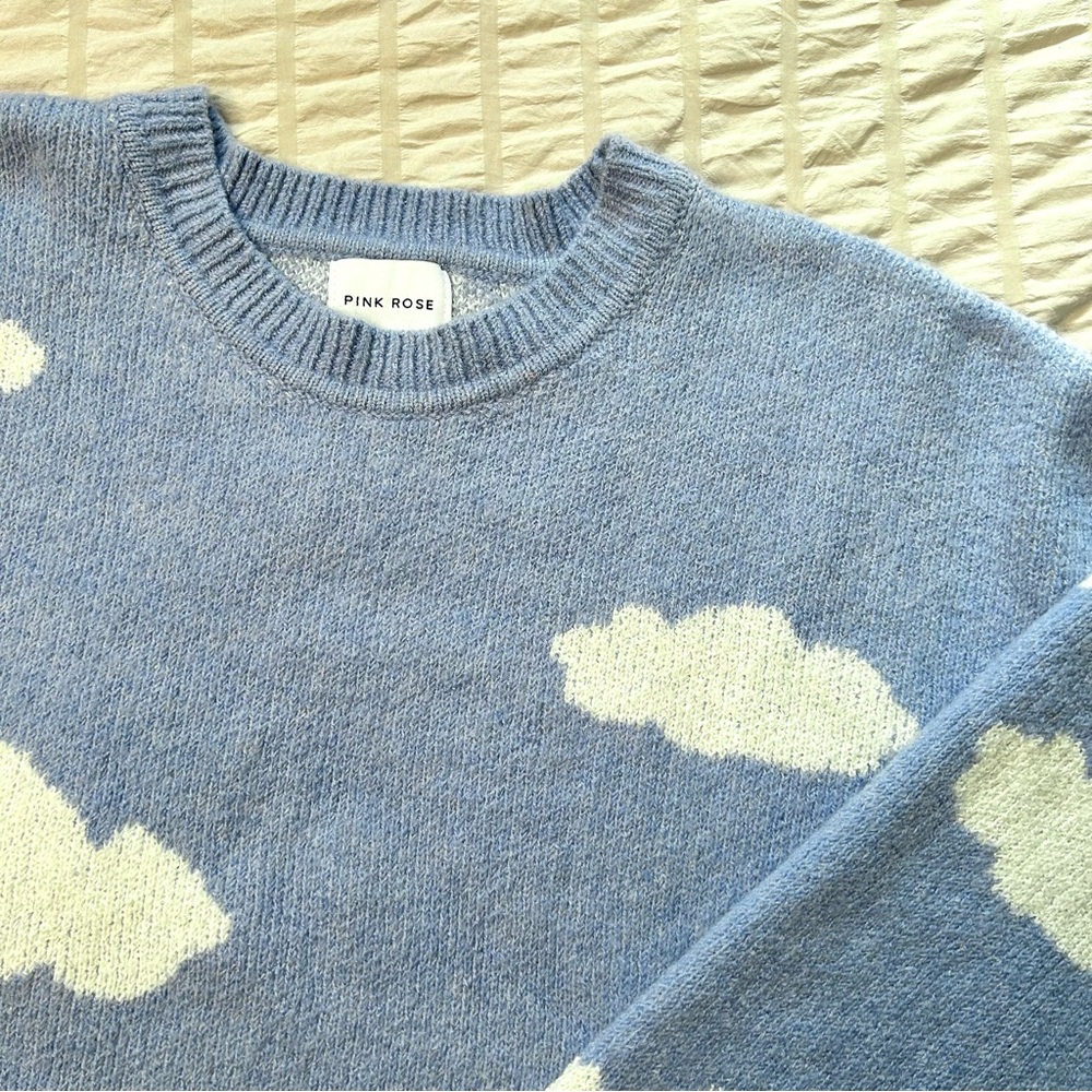 Pink Rose Blue Cloud Print Crewneck Sweater | Size Medium